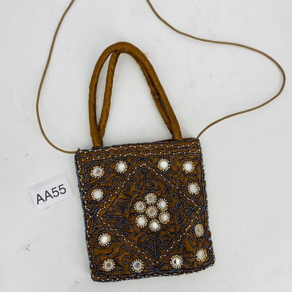 Vintage Embroidered Beaded Mirror Purse Evening Bag Copper Magnetic Close - Picture 2 of 9